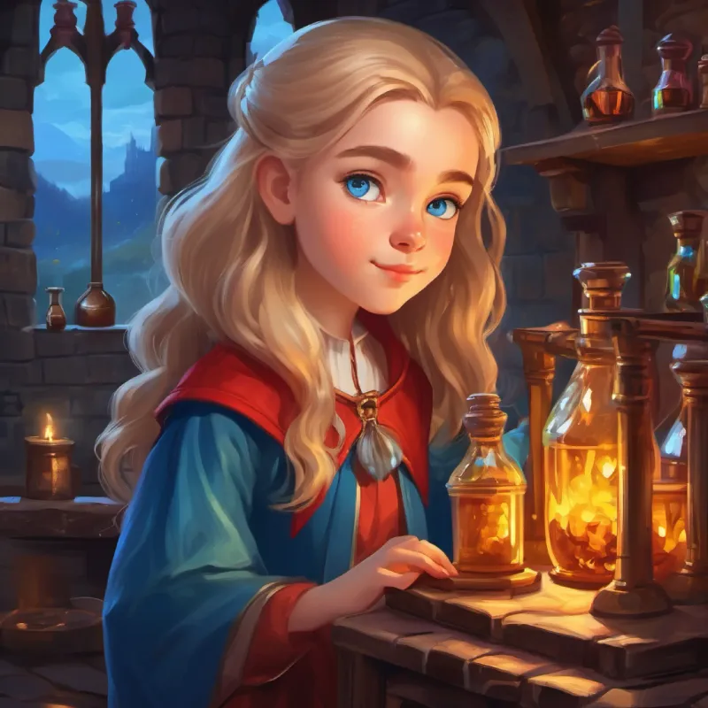 Young girl, playful, curious, alchemist's daughter, light hair, blue eyes accidentally teleports to Dracula's Castle while playing with alchemy bottles.