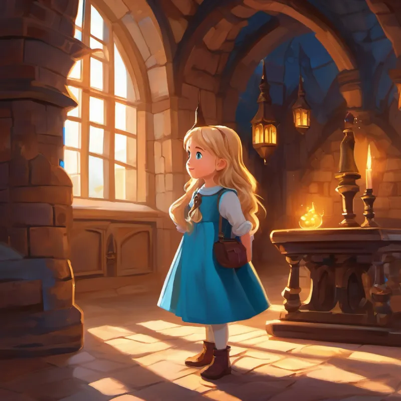 Young girl, playful, curious, alchemist's daughter, light hair, blue eyes explores the castle's hall with curiosity and a bit of fear.