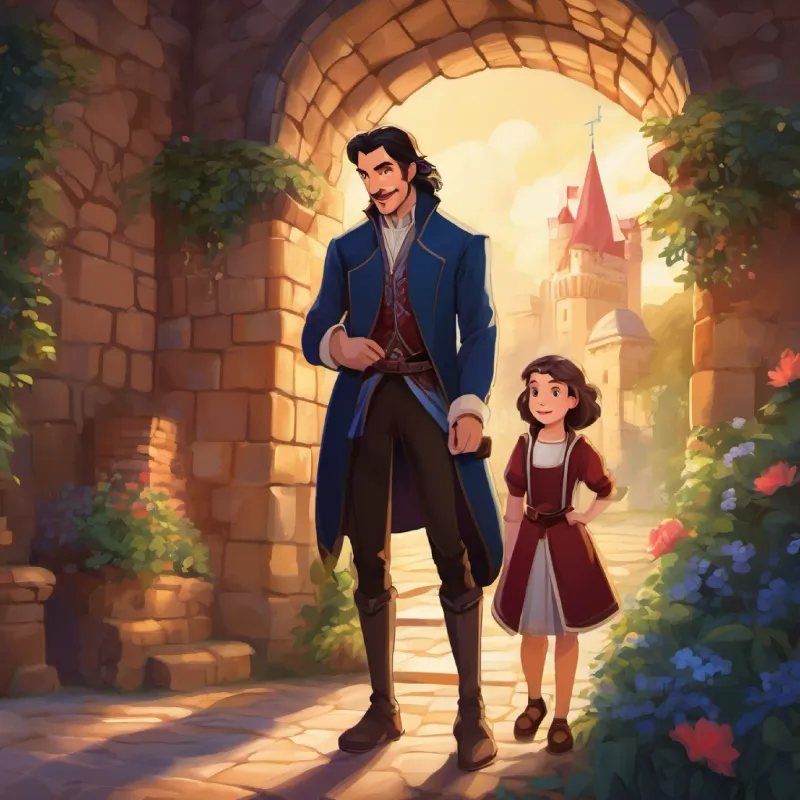 Boy a bit older than Adela, kind, Dracula's son, dark hair, gentle eyes introduces himself to Young girl, playful, curious, alchemist's daughter, light hair, blue eyes as a friendly inhabitant of the castle.