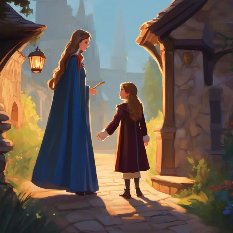 Tall, kind woman, motherly, long hair, wearing a dress, warm eyes greets Young girl, playful, curious, alchemist's daughter, light hair, blue eyes and they go to find Dracula, tall, caped, not as scary as expected, dark eyes, small smile for a snack.