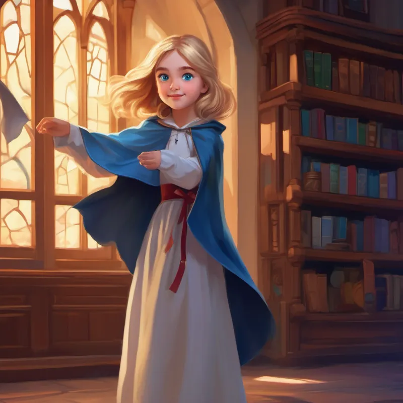 Young girl, playful, curious, alchemist's daughter, light hair, blue eyes meets Dracula, tall, caped, not as scary as expected, dark eyes, small smile, who is different from the stories she has heard.