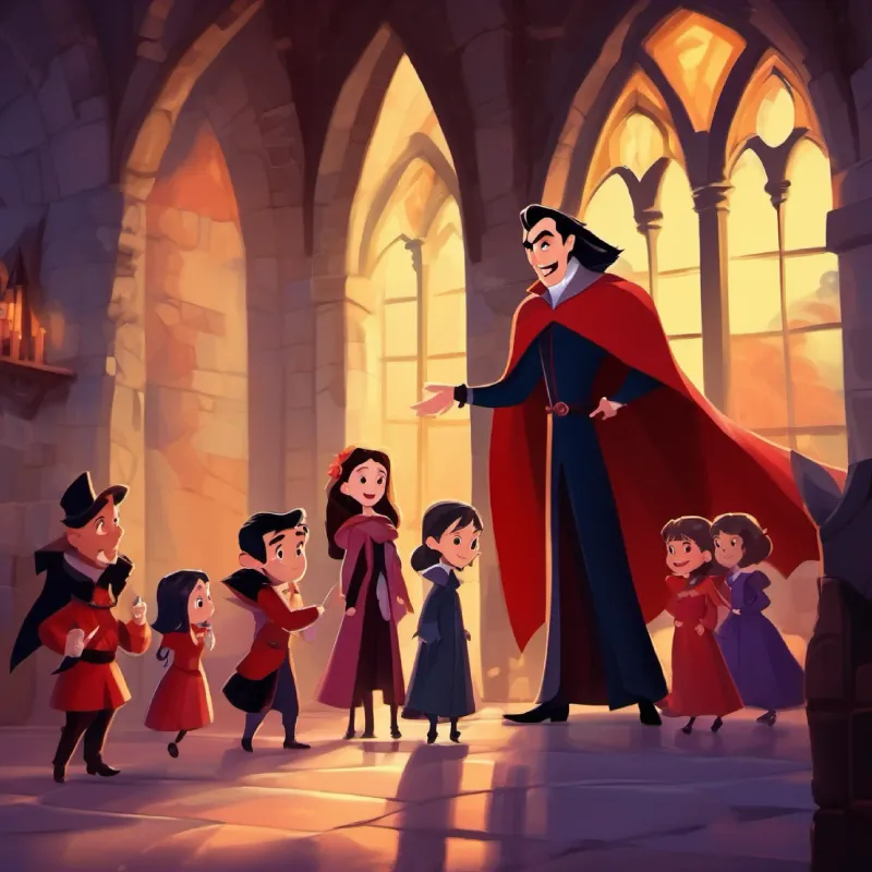 The group enjoys playful activities in the castle; Dracula, tall, caped, not as scary as expected, dark eyes, small smile joins in the fun.
