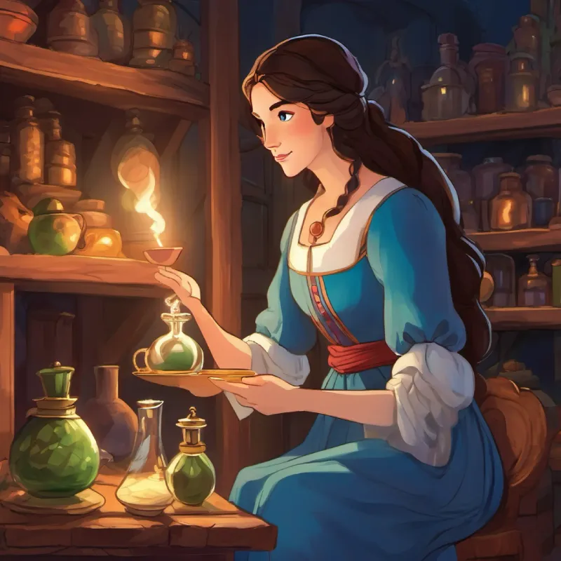 Tall, kind woman, motherly, long hair, wearing a dress, warm eyes prepares a potion for Young girl, playful, curious, alchemist's daughter, light hair, blue eyes's return. Farewell with a keepsake from Boy a bit older than Adela, kind, Dracula's son, dark hair, gentle eyes.