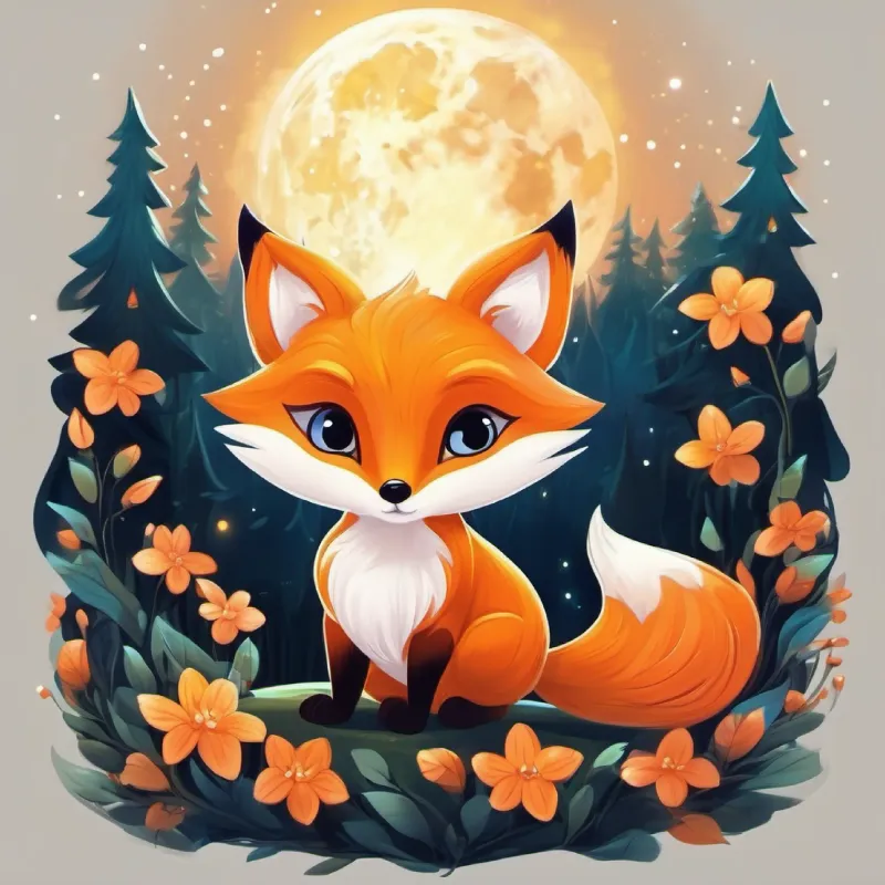 Introduction to Young orange fox with bright, curious eyes and the Moonflower's legend, night, magical forest.