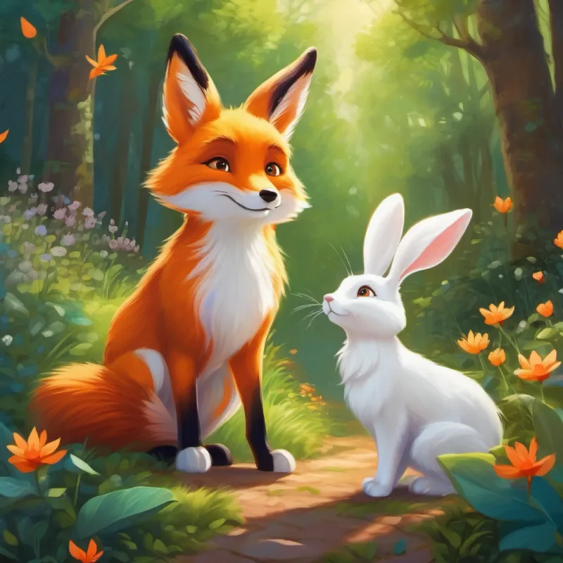 Young orange fox with bright, curious eyes meets Cheerful white rabbit with soft ears, friend to Flicker, talks about Moonflower, day, forest path.