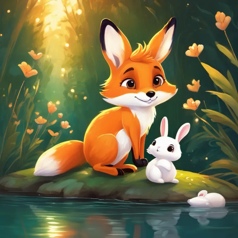 Young orange fox with bright, curious eyes and Cheerful white rabbit with soft ears, friend to Flicker meet Wise old turtle with a slow pace but quick mind the turtle, riddle, day turns to night, streamside.