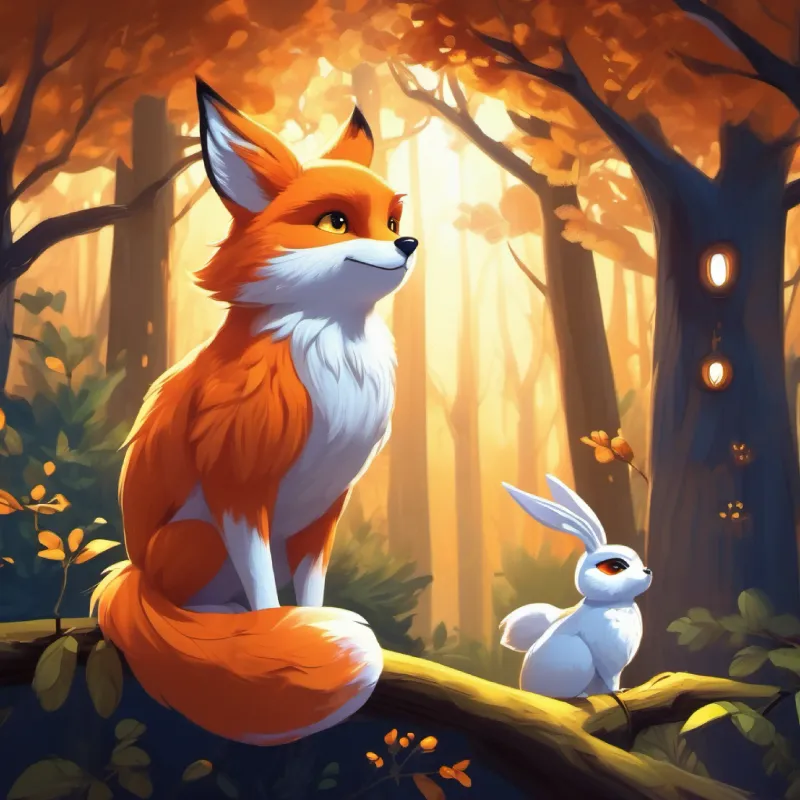 Young orange fox with bright, curious eyes and Cheerful white rabbit with soft ears, friend to Flicker get direction from Wise owl perched in treetops with glowing eyes the owl, night, shadowy forest.