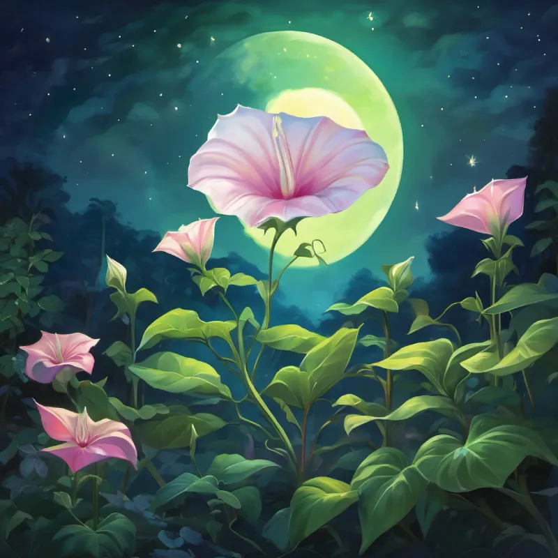 Moonflower blooms, beauty revealed, night, Moonlit Glade, friendship appreciated.