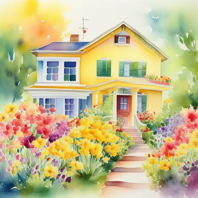 A yellow house with a garden filled with colorful flowers.