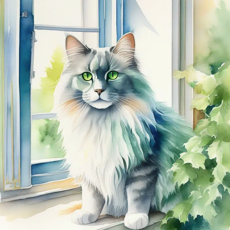 Soft fur, green eyes, loves windowsills. with soft fur and green eyes, sitting on a blue windowsill.