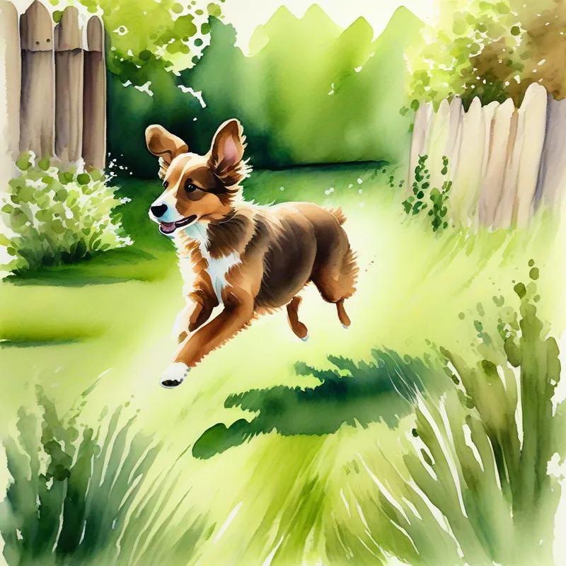Brown fur, floppy ears, loves chasing his tail. with brown fur and floppy ears, running in a green backyard.