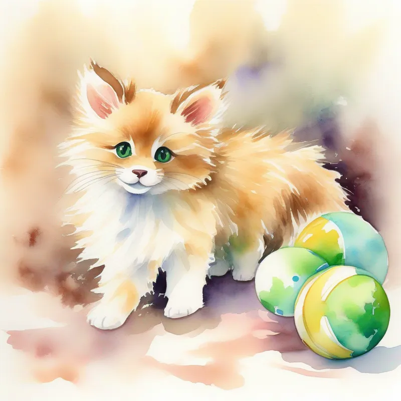 Soft fur, green eyes, loves windowsills. and Brown fur, floppy ears, loves chasing his tail., playing with a ball and laughing, surrounded by toys.