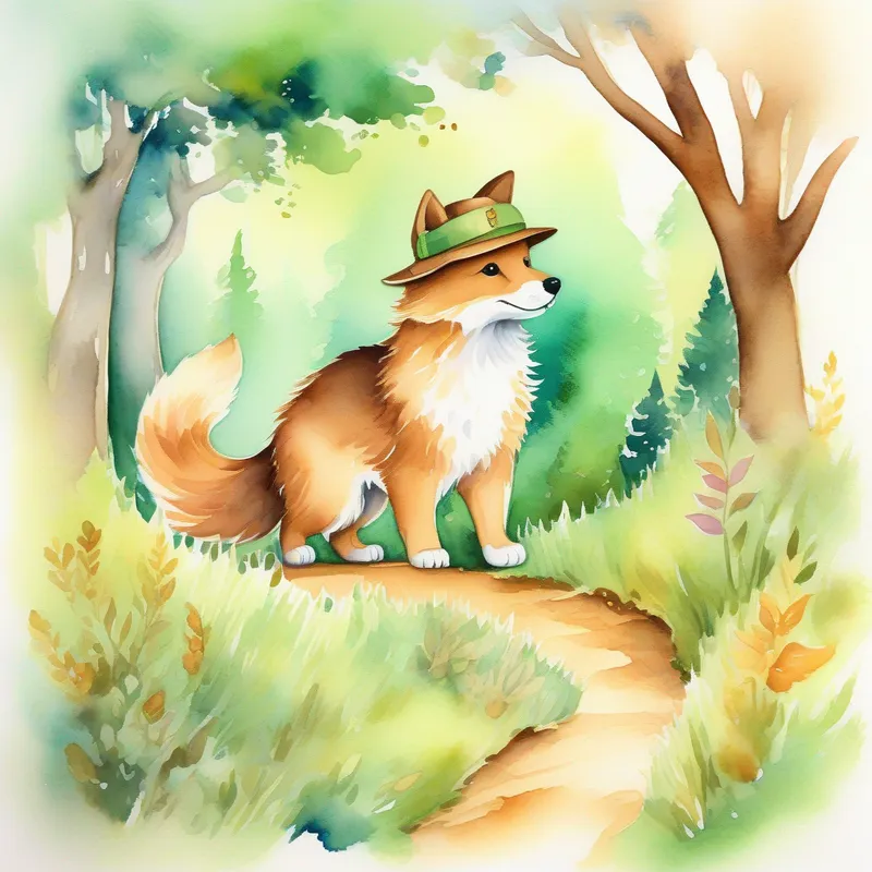 Soft fur, green eyes, loves windowsills. and Brown fur, floppy ears, loves chasing his tail., wearing hats and holding a treasure map, walking in a colorful forest.