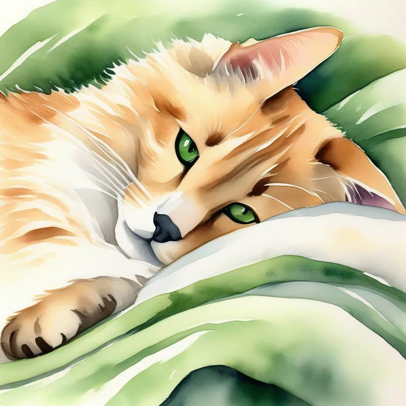 Soft fur, green eyes, loves windowsills. and Brown fur, floppy ears, loves chasing his tail., sleeping peacefully, tucked under a soft blanket.