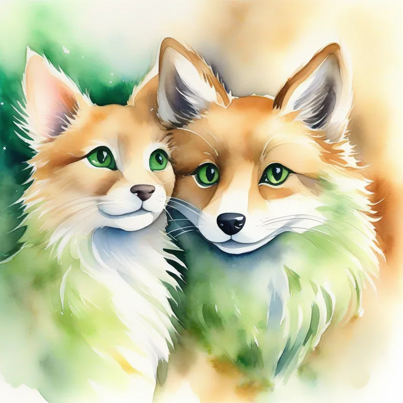 Soft fur, green eyes, loves windowsills. and Brown fur, floppy ears, loves chasing his tail., hugging each other with smiles on their faces.