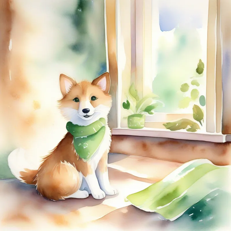 Soft fur, green eyes, loves windowsills. and Brown fur, floppy ears, loves chasing his tail., surrounded by pictures of their adventures, smiling happily.
