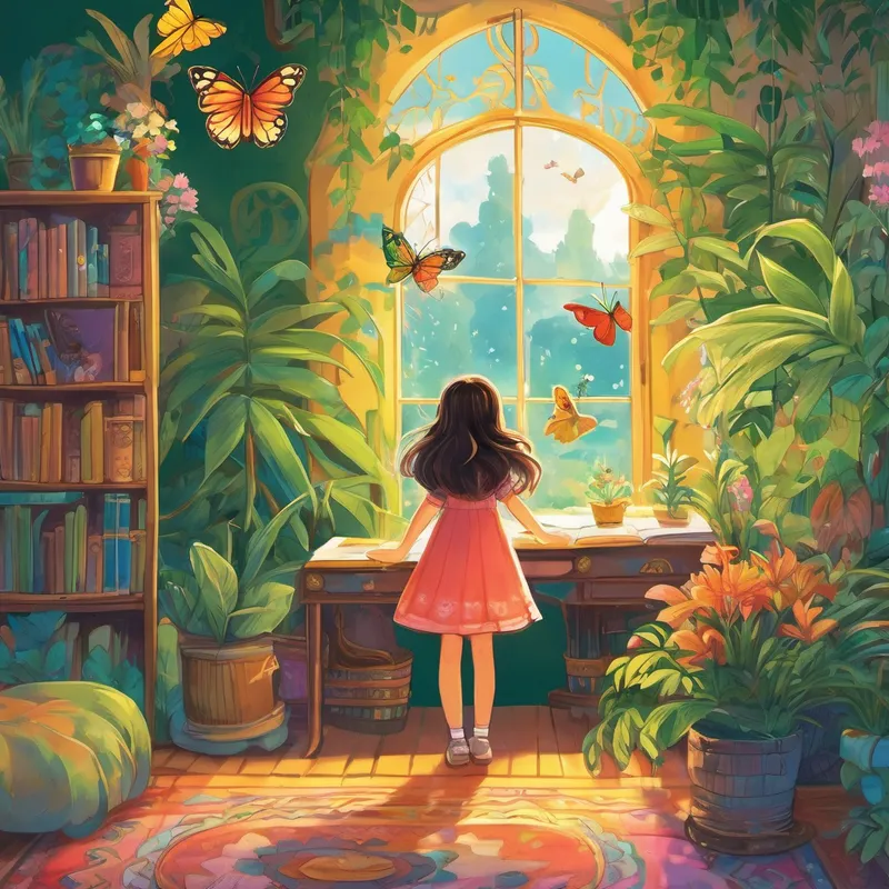 She took the golden key and made her way to a door that she had never noticed before in her bedroom. With a flick of her wrist, she opened the door and stepped into a world of pure imagination. In this magical world, Lily's ordinary bedroom transformed into a wild jungle, filled with talking animals and colorful plants. She hopped on a giant butterfly and soared through the sky, feeling the wind in her hair and the excitement in her heart.