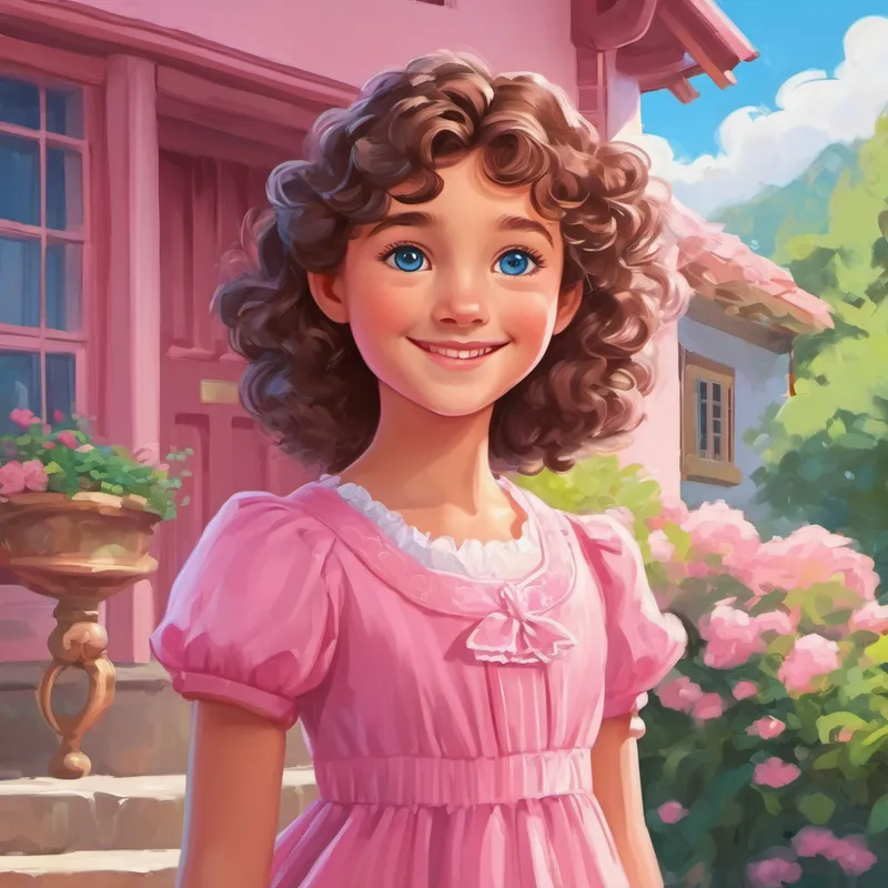 Curly-haired girl with blue eyes, always wearing a pink dress standing in front of her house, wearing a pink dress and smiling