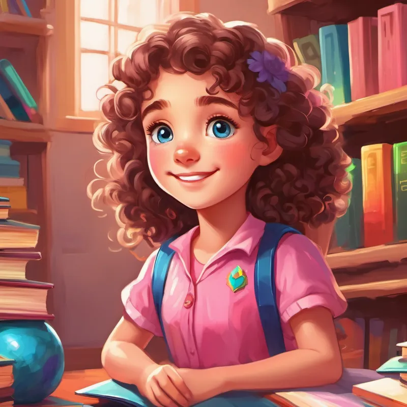 Curly-haired girl with blue eyes, always wearing a pink dress sitting in a classroom, surrounded by colorful books and smiling classmates