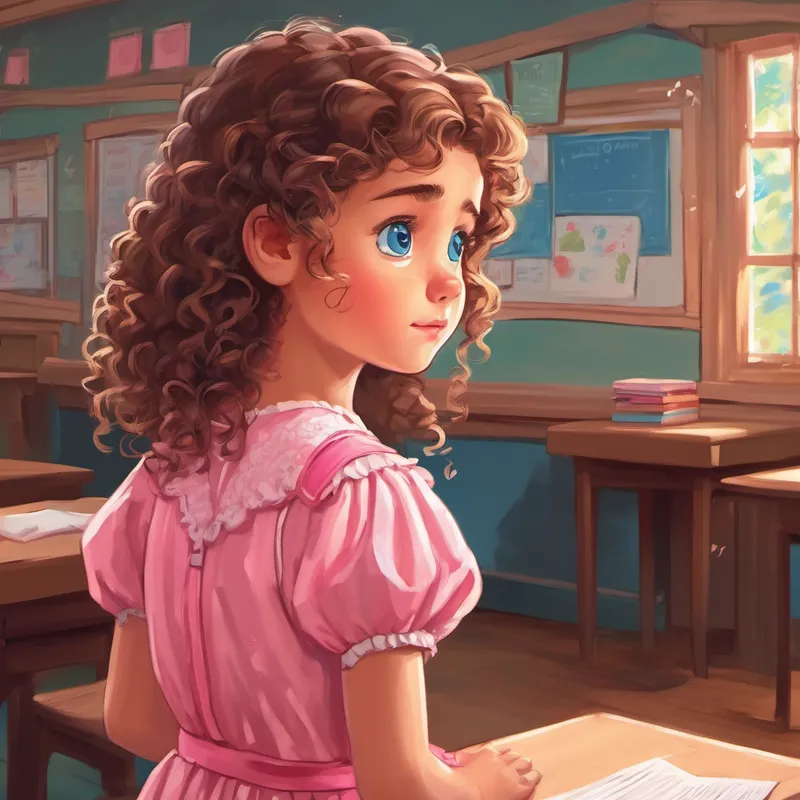 Curly-haired girl with blue eyes, always wearing a pink dress standing in the corner of the classroom, looking down with tears in her eyes