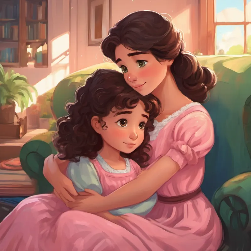 Loving mother with brown hair and green eyes and Caring father with black hair and brown eyes hugging Curly-haired girl with blue eyes, always wearing a pink dress and comforting her in their cozy living room