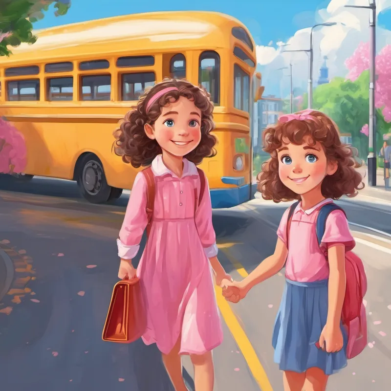 Curly-haired girl with blue eyes, always wearing a pink dress smiling with her lunchbox and holding her father's hand at the bus stop