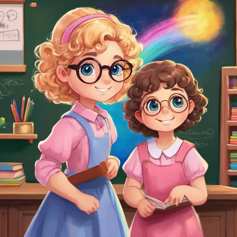 Curly-haired girl with blue eyes, always wearing a pink dress standing in front of the blackboard, looking at the rainbow drawing and Kind teacher with glasses, short blonde hair, and a warm smile smiling beside her