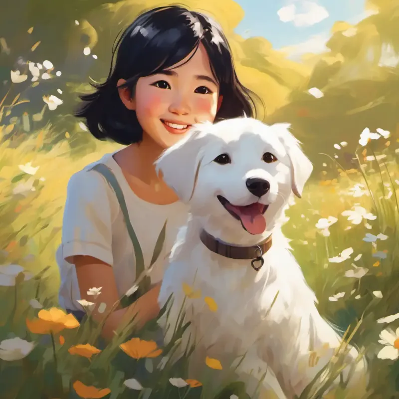 Asian girl with short black hair and brown eyes, always smiling & Fluffy white dog with brown spots and friendly brown eyes play in meadow, sunny day