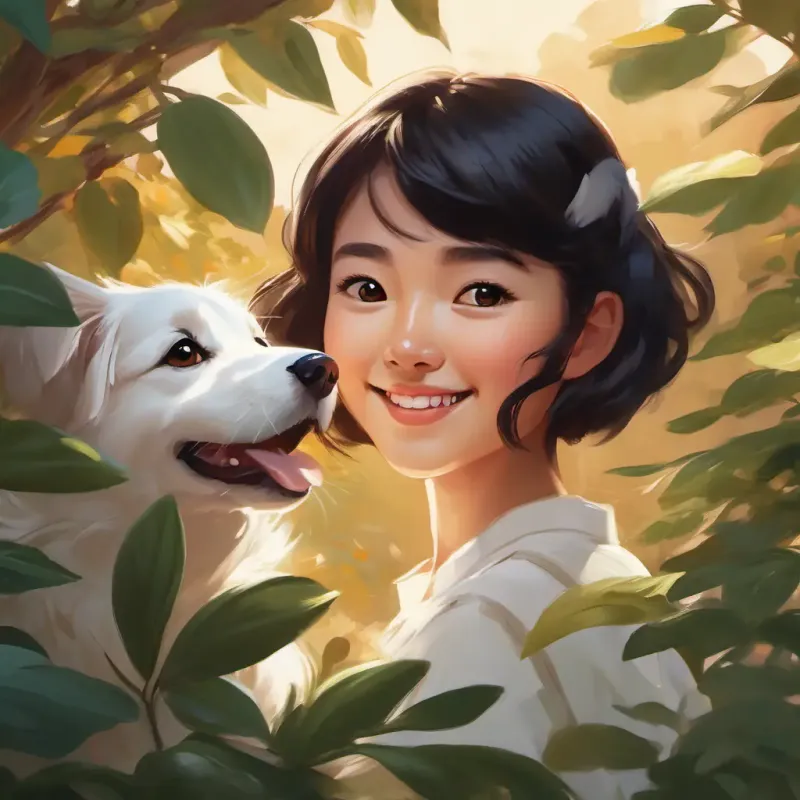 Asian girl with short black hair and brown eyes, always smiling & Fluffy white dog with brown spots and friendly brown eyes hear 'meow', find kitten behind a bush
