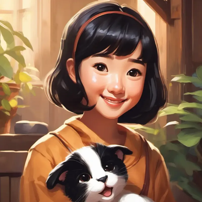 Asian girl with short black hair and brown eyes, always smiling learns kitten's family is found