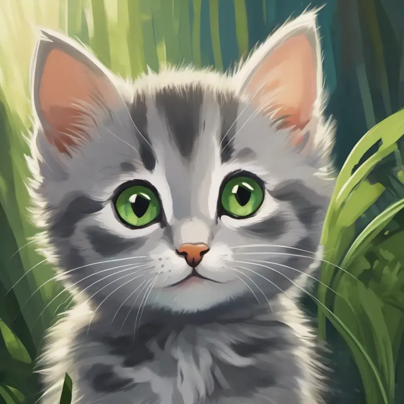 Small gray kitten with stripes and big green eyes reunited with family, thankful