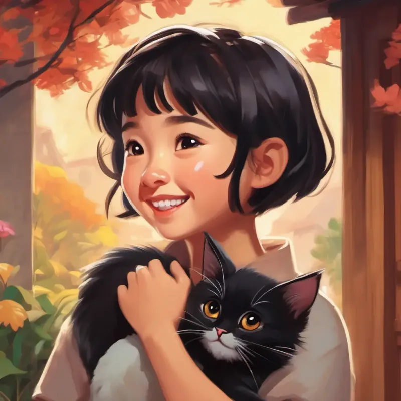 Asian girl with short black hair and brown eyes, always smiling picks up kitten, promises to find home