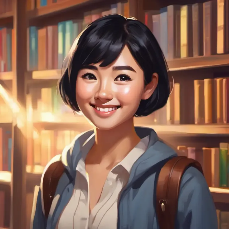 Asian girl with short black hair and brown eyes, always smiling suggests heading to the library