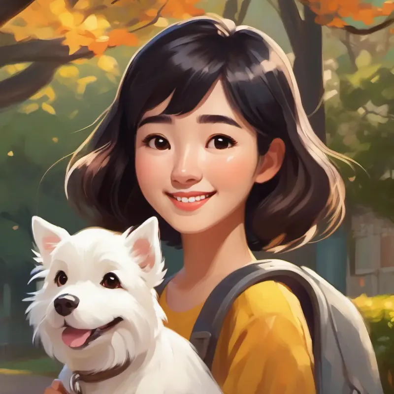 Asian girl with short black hair and brown eyes, always smiling & Fluffy white dog with brown spots and friendly brown eyes search near the park