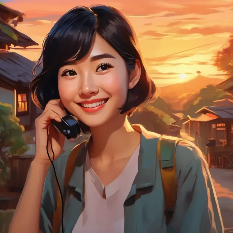Asian girl with short black hair and brown eyes, always smiling receives a phone call at sunset