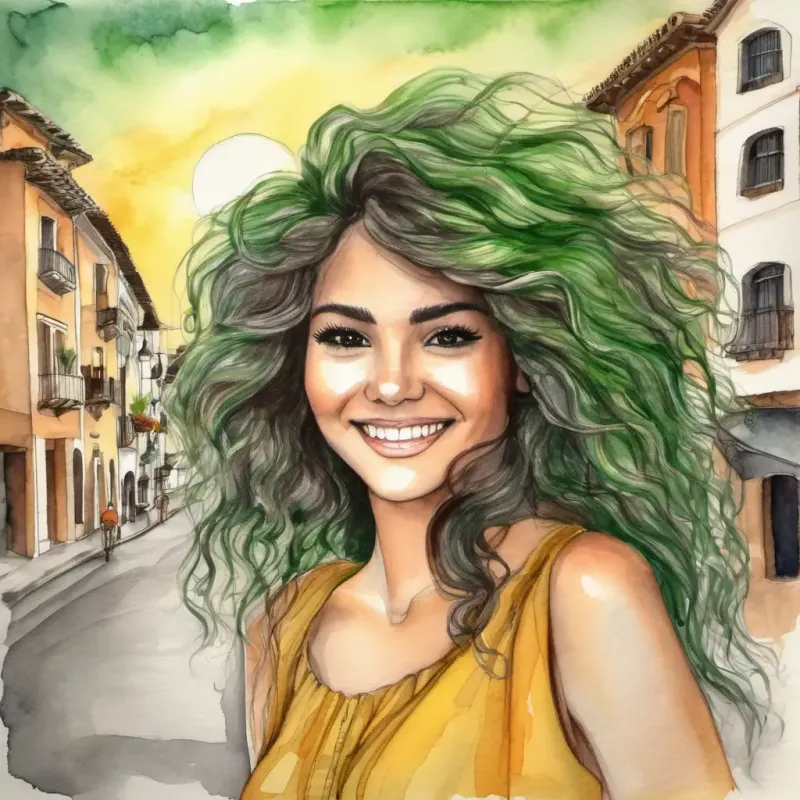 Hair castaños, ojos verdes e intensos, sonrisa cálida and Larga cabellera negra, ojos marrones, rostro sereno, hand in hand, happy in town during sunset.