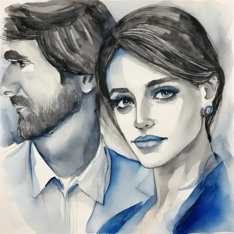 Pelo oscuro, ojos azules alerta, mirada introspectiva watches the couple, loves Larga cabellera negra, ojos marrones, rostro sereno, is sad and envious.