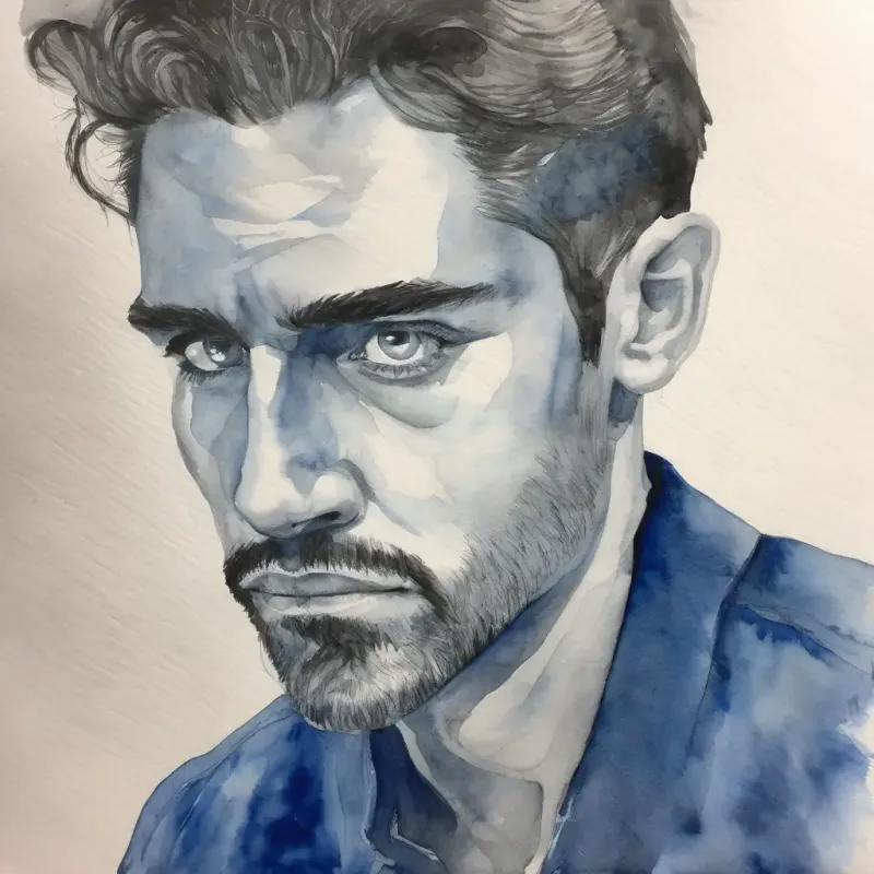 Pelo oscuro, ojos azules alerta, mirada introspectiva questions himself, reflecting on his own loneliness and actions.
