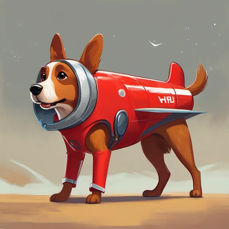 A brown dog with floppy ears and a red rocket suit the dog with a wagging tail