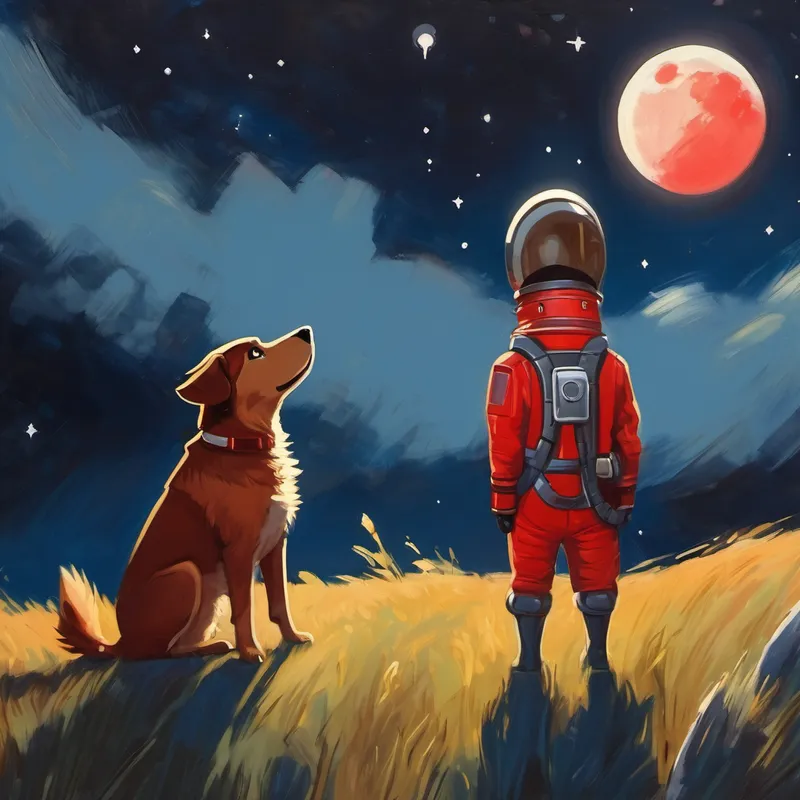 A brown dog with floppy ears and a red rocket suit looks up at the moon in wonder