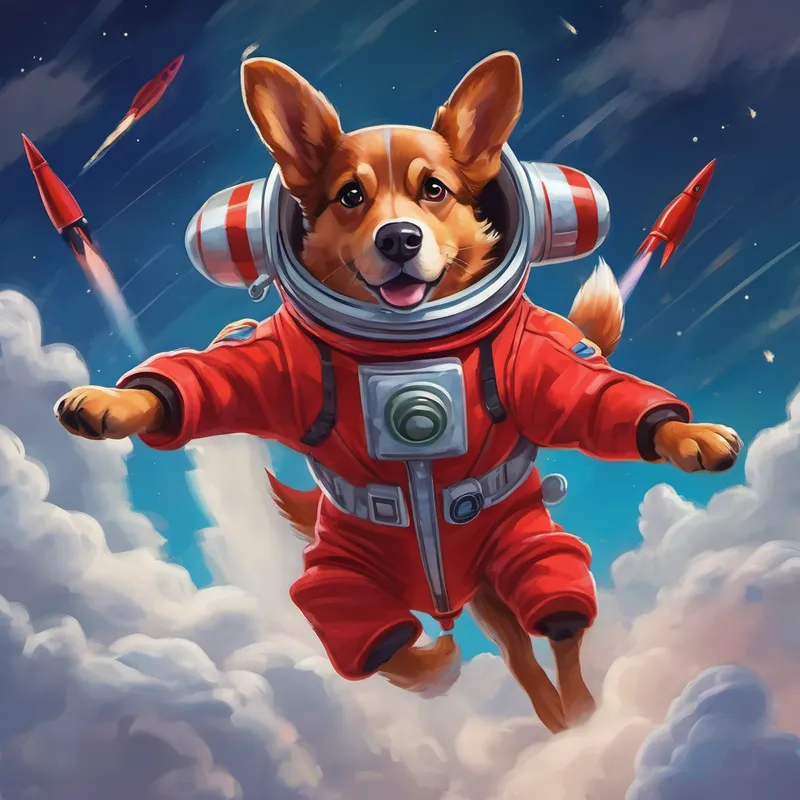 A brown dog with floppy ears and a red rocket suit and his rocket soaring through the clouds