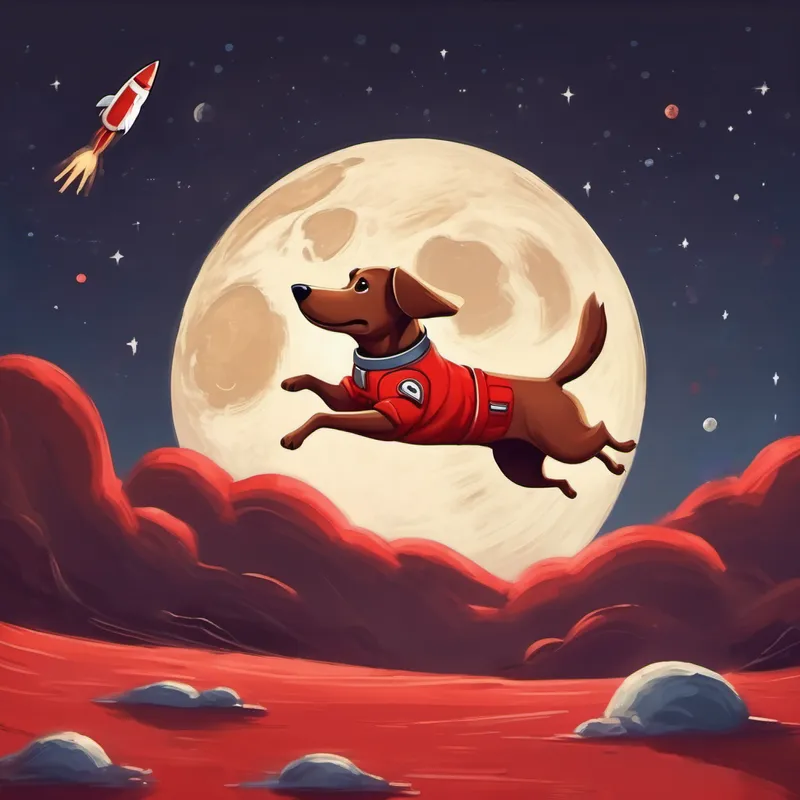 A brown dog with floppy ears and a red rocket suit jumping happily on the moon's surface