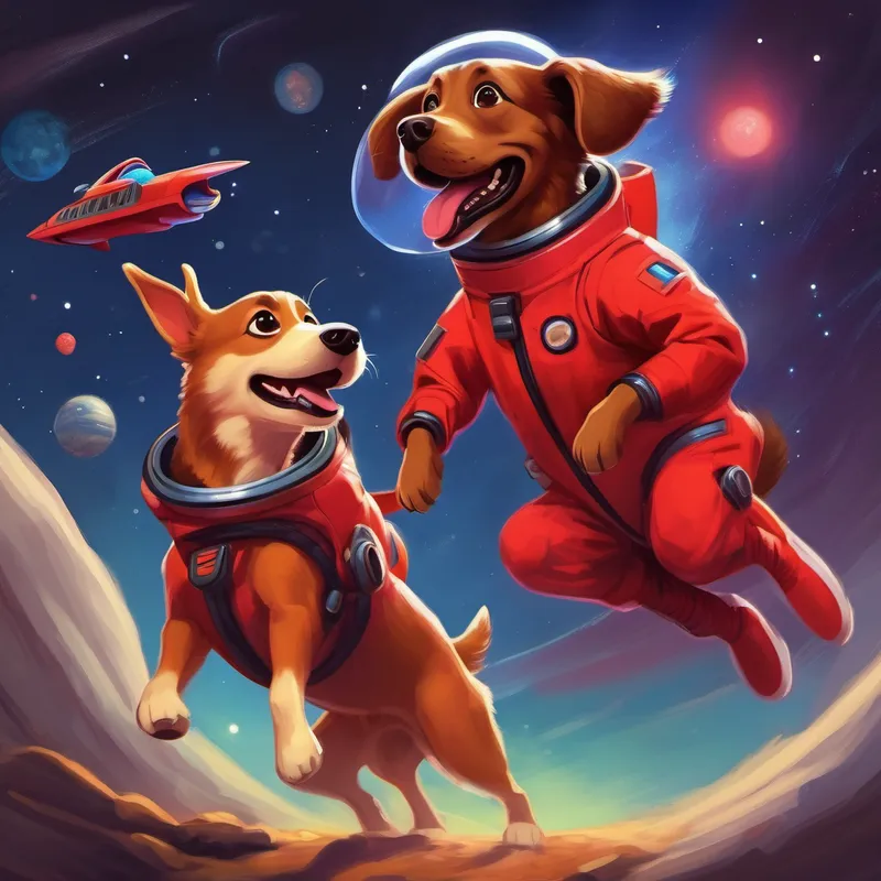 A brown dog with floppy ears and a red rocket suit and aliens laughing and playing together