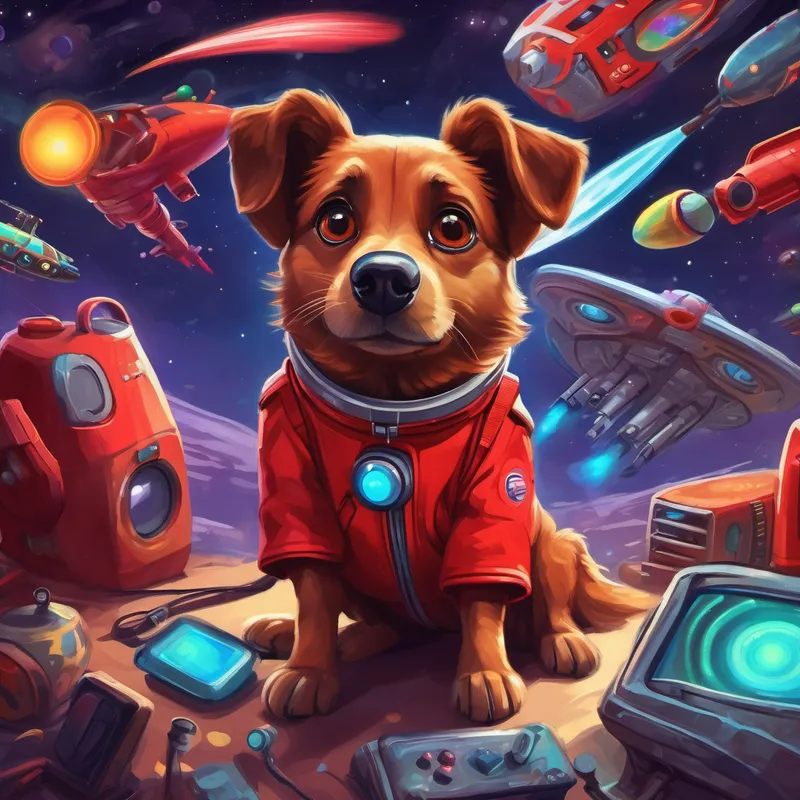 A brown dog with floppy ears and a red rocket suit amazed by the aliens' colorful gadgets