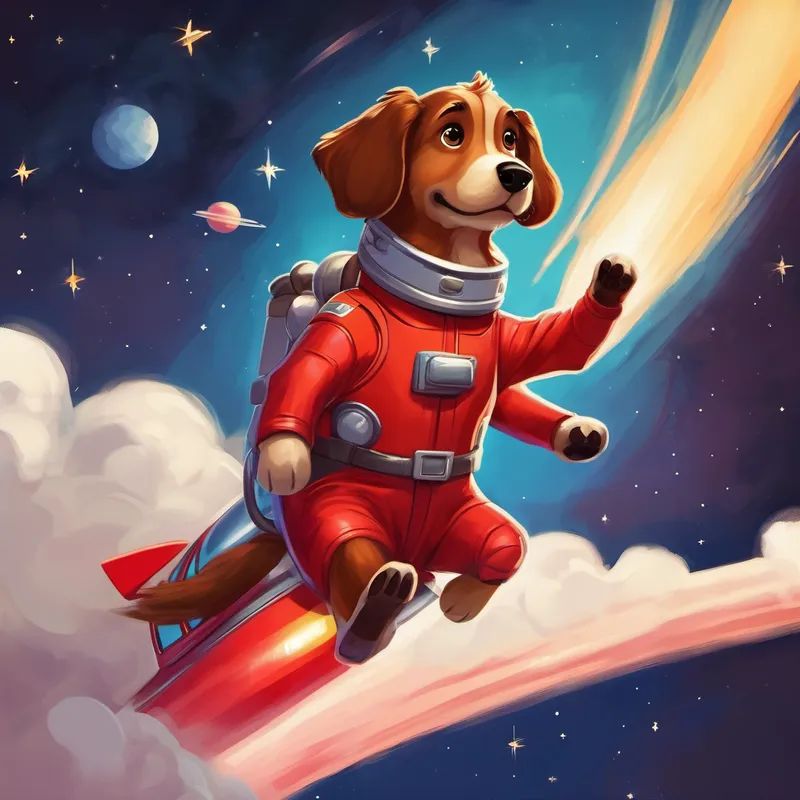 A brown dog with floppy ears and a red rocket suit waving goodbye from his rocket