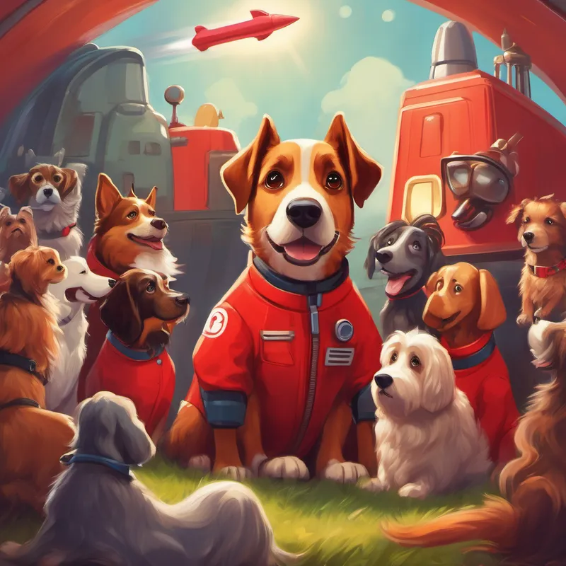 A brown dog with floppy ears and a red rocket suit surrounded by his happy friends listening intently