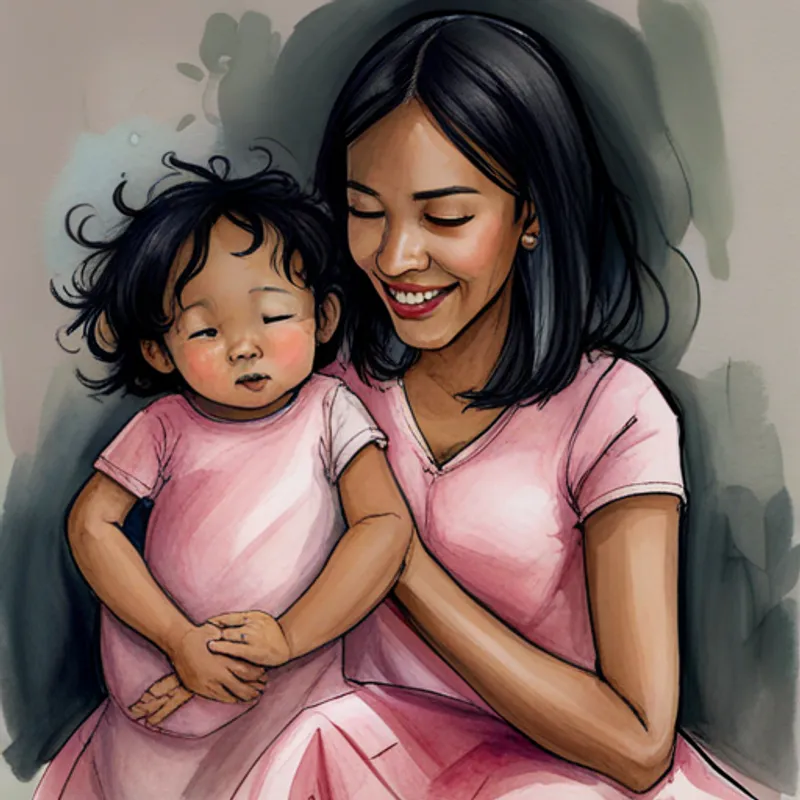 Mia has black hair and wears a pink dress. singing to her Baby sister has blond hair and wears a pink onesie. while she sleeps
