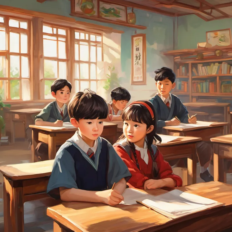 a German boy, a Chinese boy, a Chinese girl in classroom