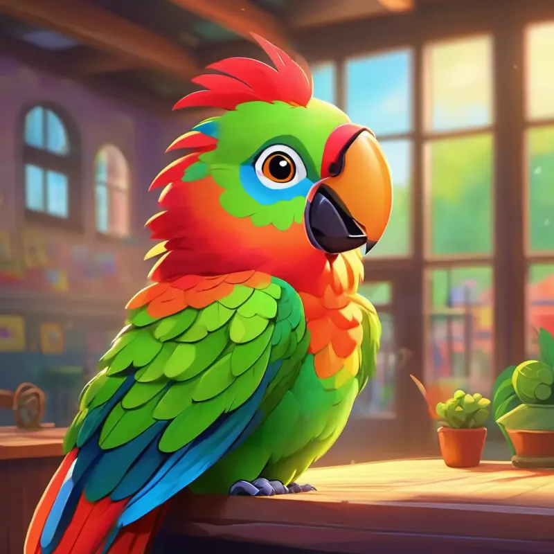 Introducing the main character A colorful parrot with bright green feathers and a big, beaming smile and the setting at the daycare center.