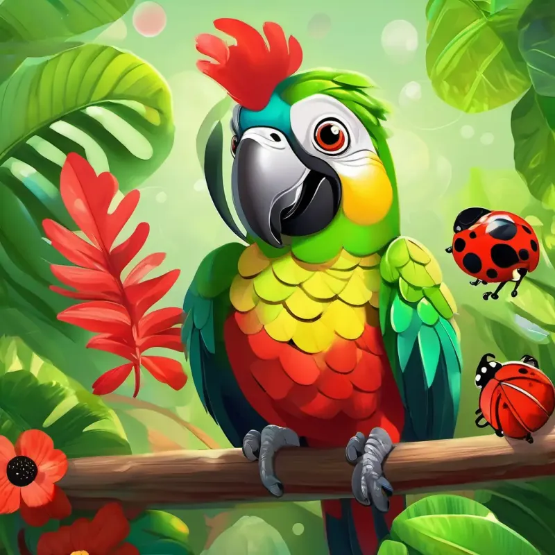 A colorful parrot with bright green feathers and a big, beaming smile makes friends with A little snail with a shiny shell and A ladybug with red and black polka-dotted wings at Sunshine Daycare.